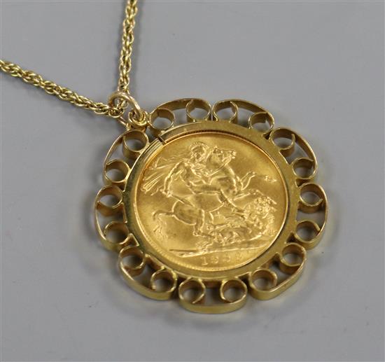 An Edward VII 1908 gold full sovereign in 9ct gold pendant mount, on 9ct gold ropetwist chain.